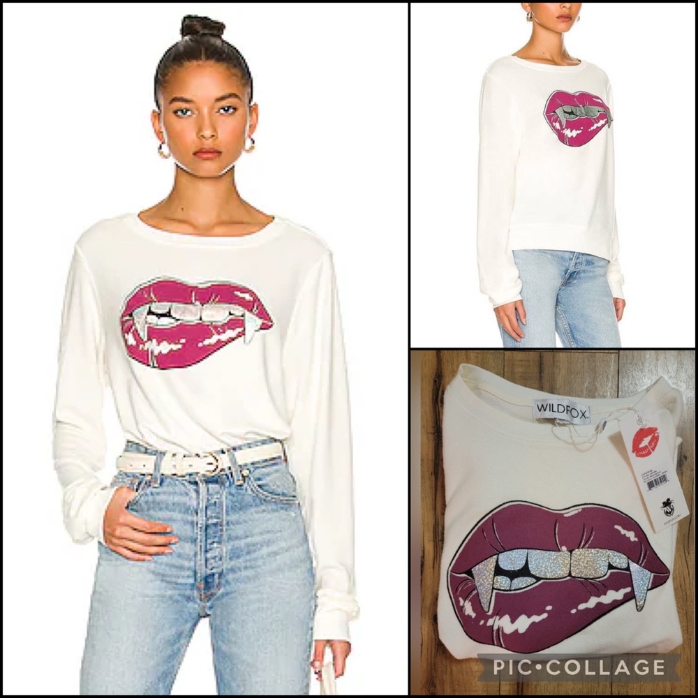 NEW Wildfox Vampire Fangs Holographic Glitter Teeth Lips Graphic Sweatshirt